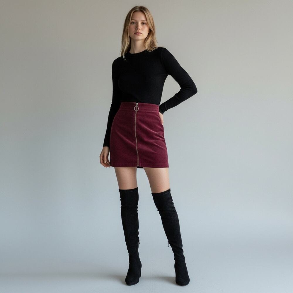 Y2k Dark Academia Burgundy Corduroy Mini Skirt Retro front Zip-Up Bodycon- small